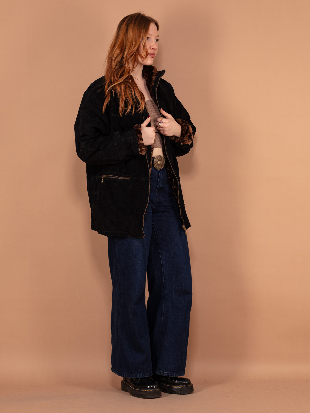 Vintage 90's Women Suede Sherpa Coat in Black - NorthernGrip