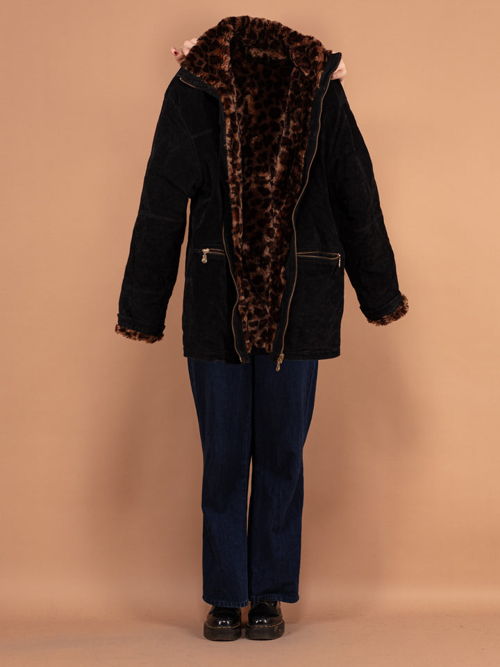 Vintage 90's Women Suede Sherpa Coat in Black - NorthernGrip