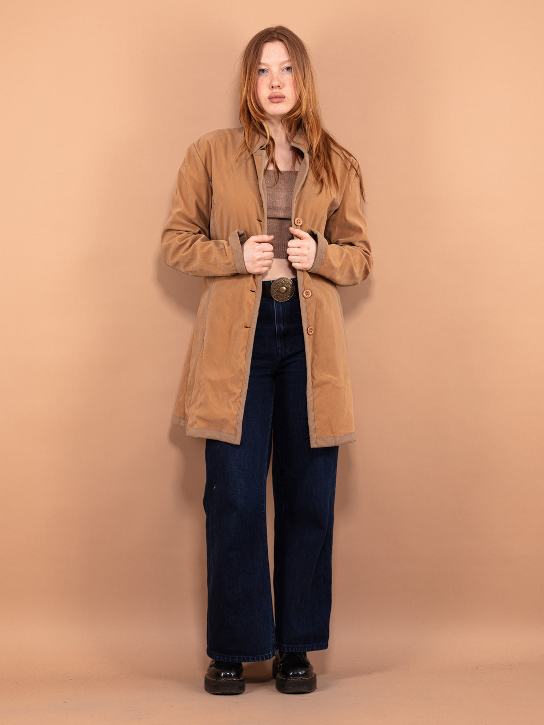 Vintage 90's Women Velour Sherpa Coat in Beige - NorthernGrip