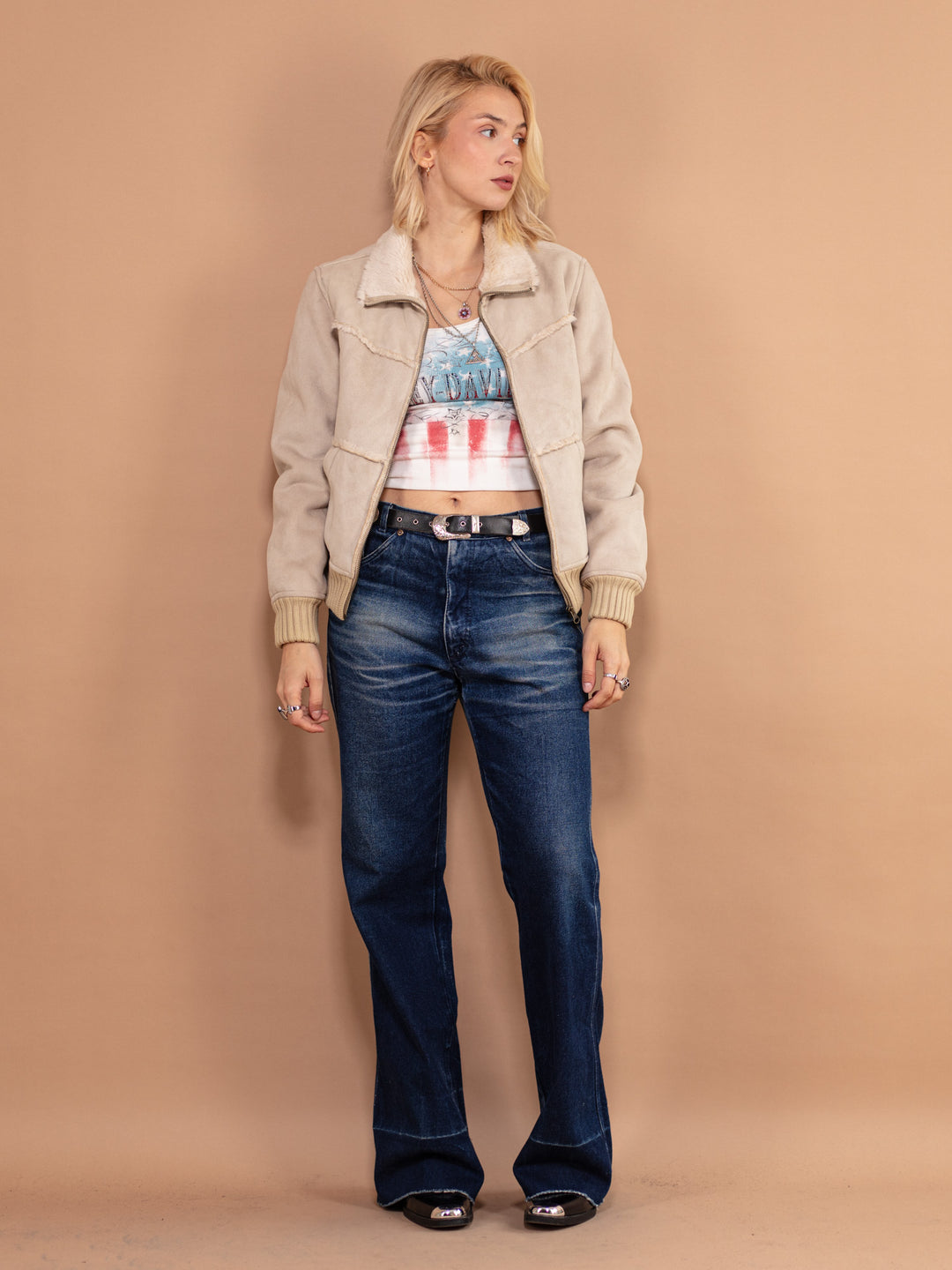 Vintage 00's Women Faux Shearling Jacket in Beige - NorthernGrip