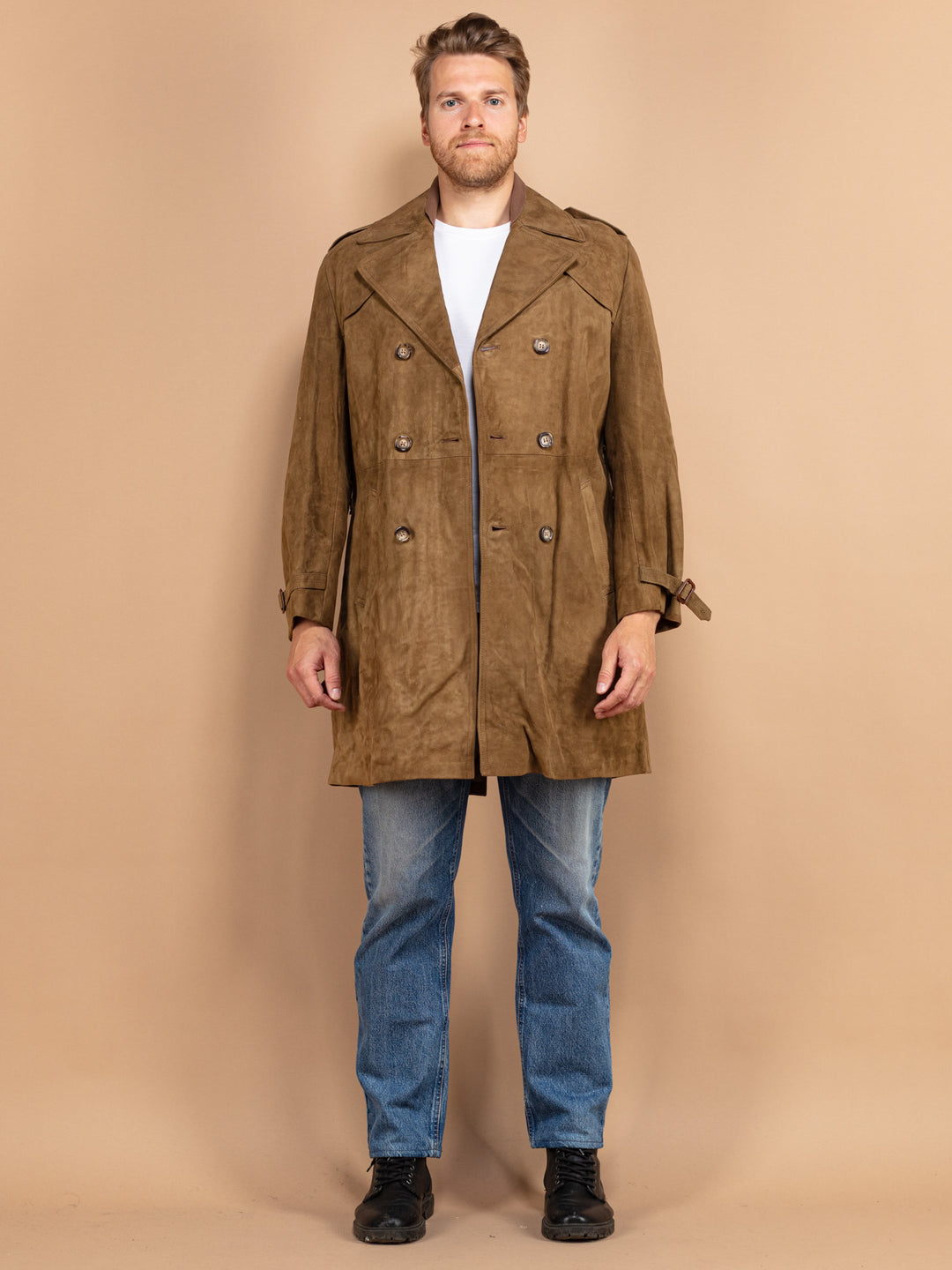 Vintage 70's Men Belted Suede Coat in Dark Beige - NorthernGrip
