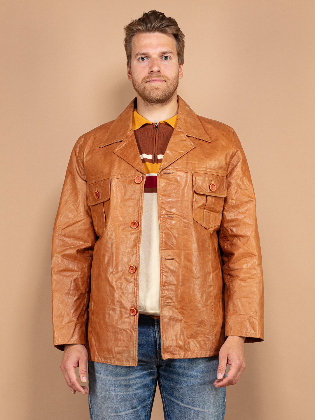 Vintage 90's Men Leather Blazer Jacket in Brown - NorthernGrip