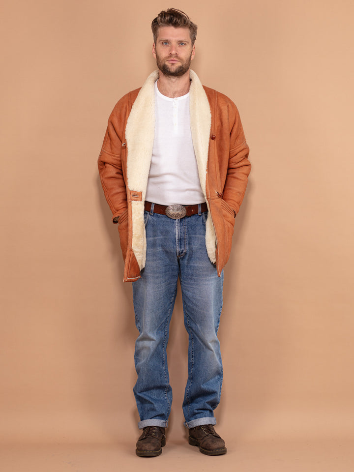 Vintage 80's Men Sheepskin Leather Coat in Brown - NorthernGrip