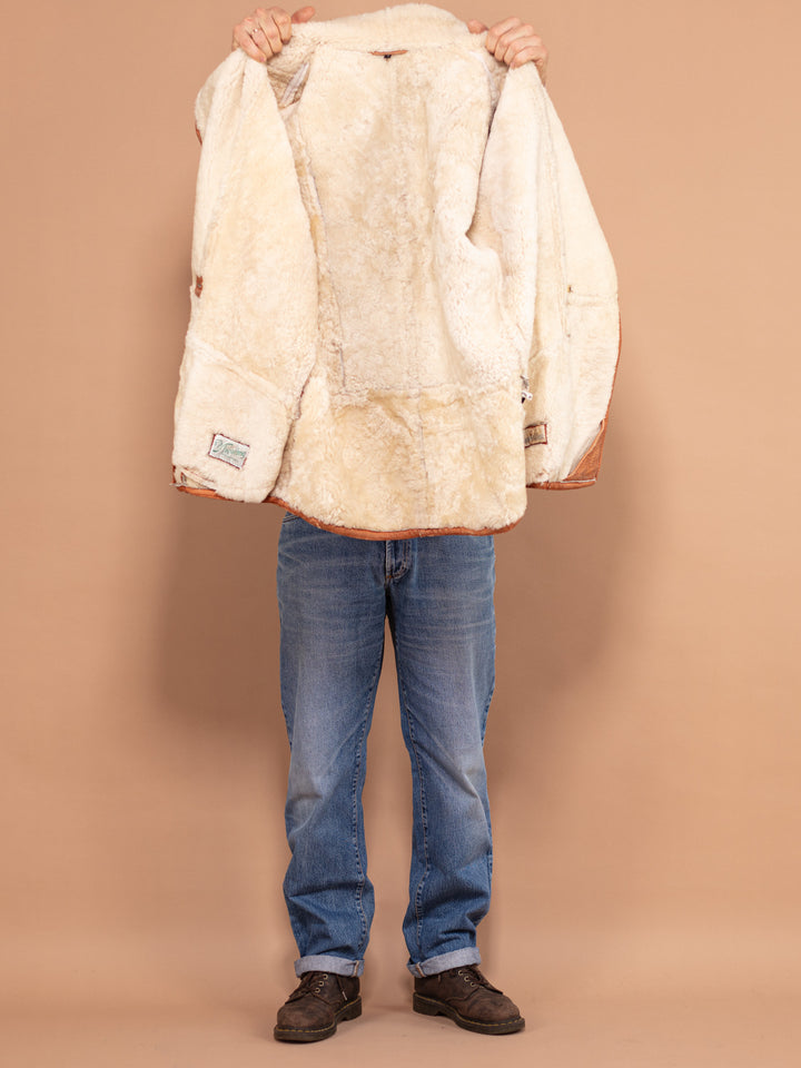 Vintage 80's Men Sheepskin Leather Coat in Brown - NorthernGrip