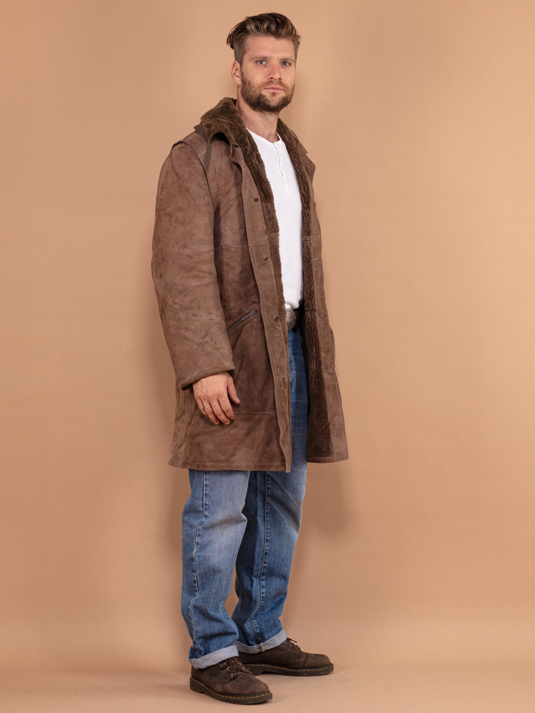 Vintage 70's Men Sheepskin Suede Coat in Brown - NorthernGrip