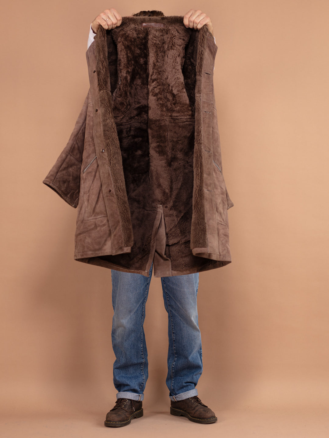 Vintage 70's Men Sheepskin Suede Coat in Brown - NorthernGrip