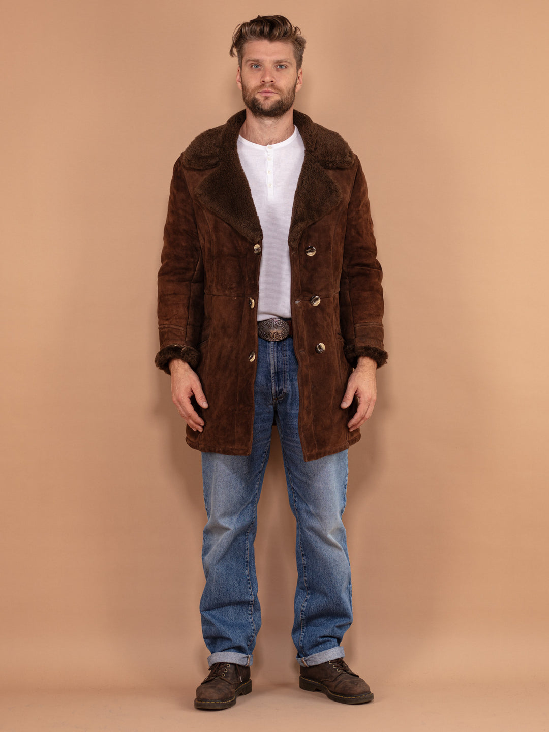 Vintage 70's Men Sheepskin Suede Coat in Brown - NorthernGrip