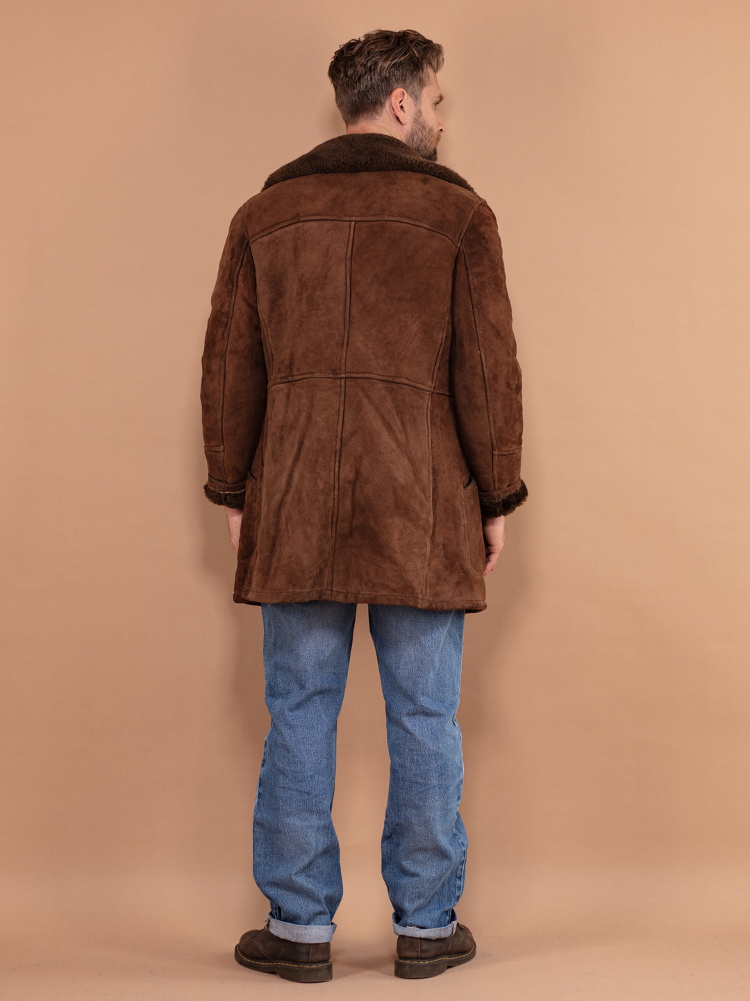 Vintage 70's Men Sheepskin Suede Coat in Brown - NorthernGrip
