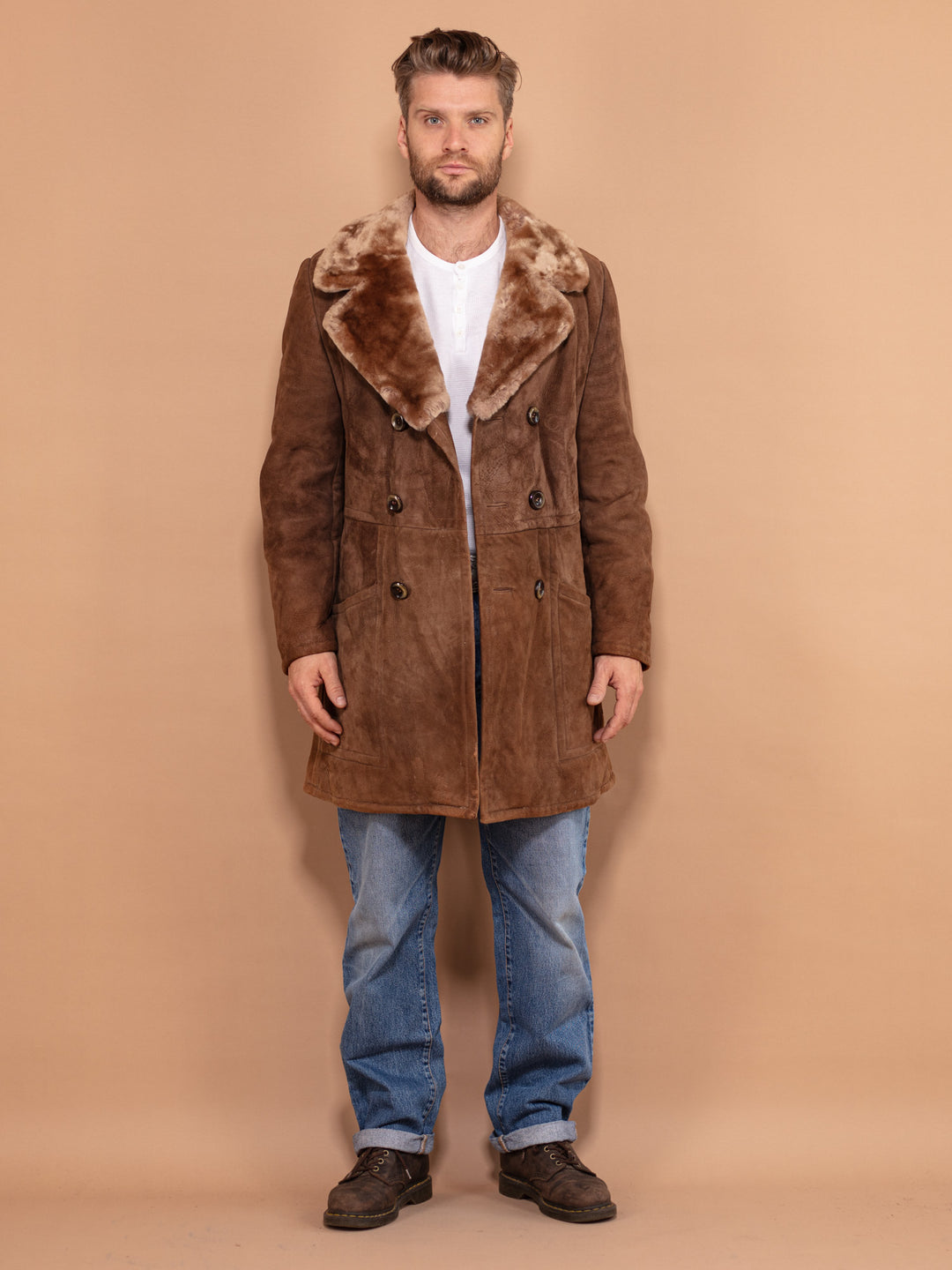 Vintage 70's Men Sheepskin Suede Coat in Brown - NorthernGrip