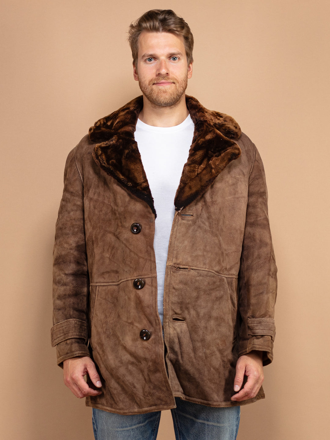 Vintage 70's Men Sheepskin Suede Coat in Brown - NorthernGrip
