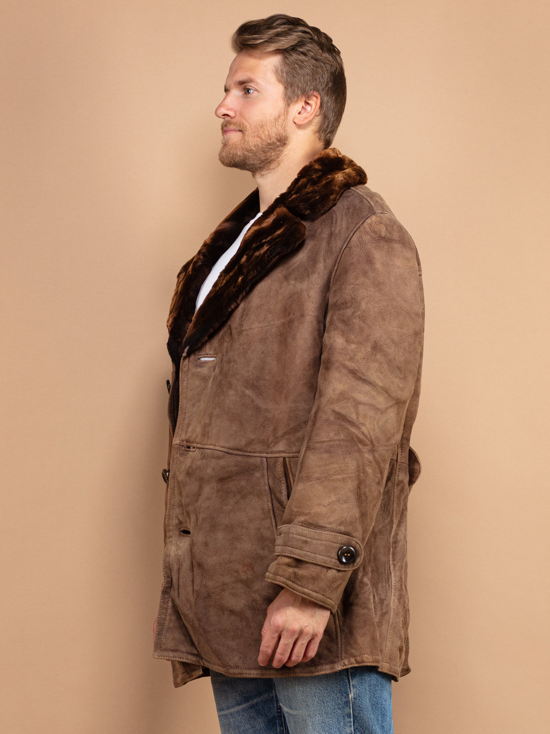 Vintage 70's Men Sheepskin Suede Coat in Brown - NorthernGrip