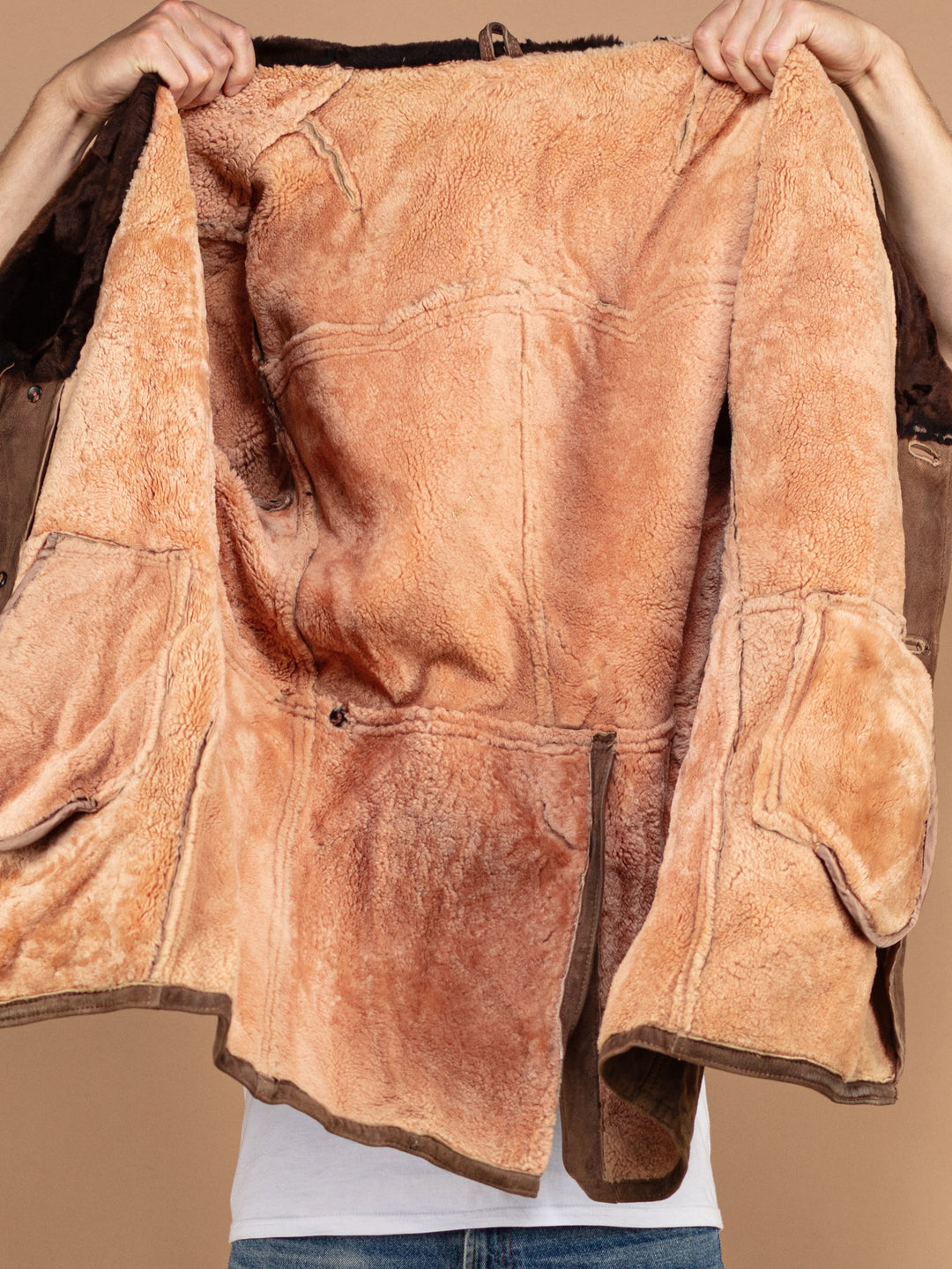 Vintage 70's Men Sheepskin Suede Coat in Brown - NorthernGrip