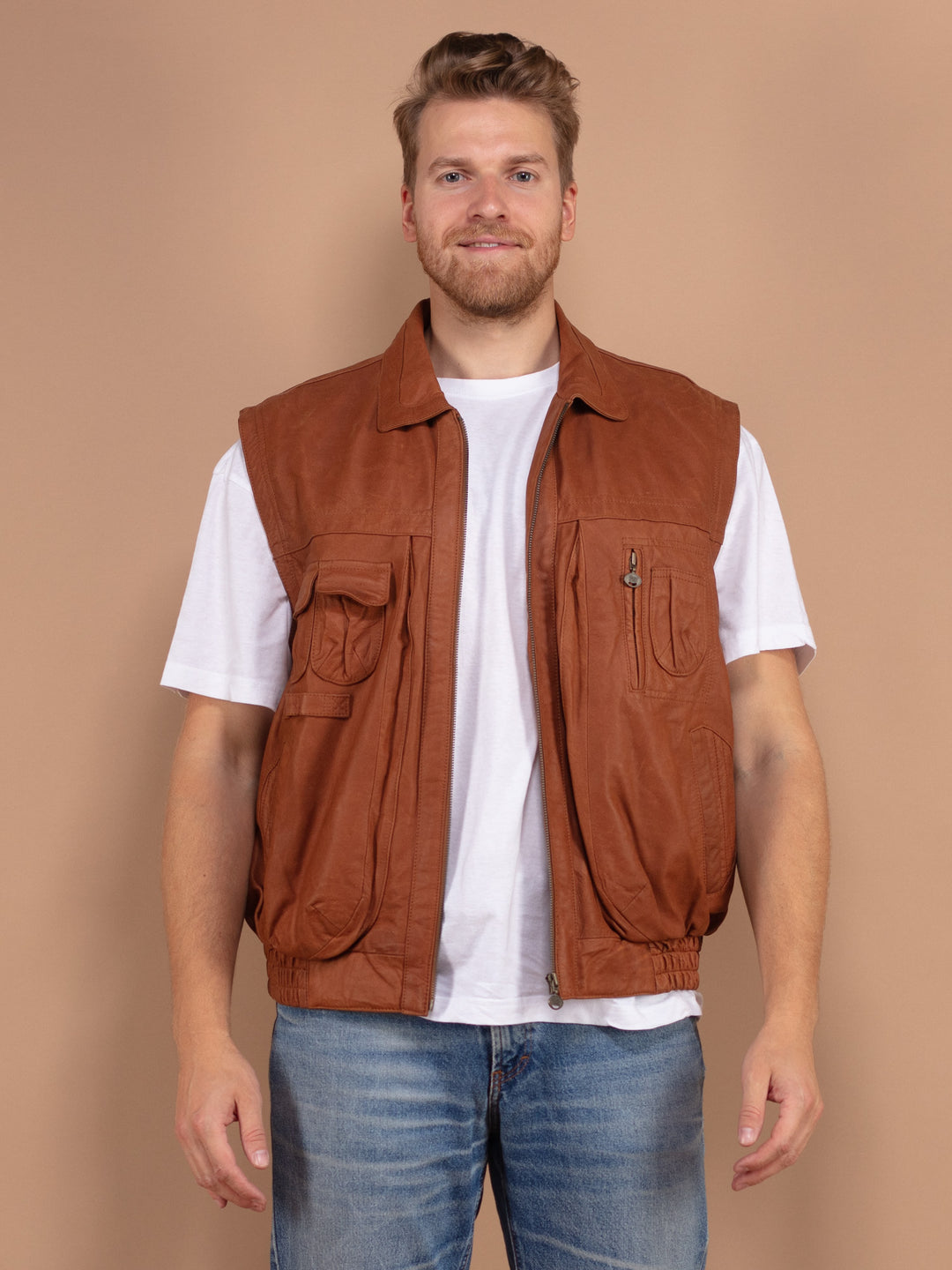 Vintage 80's Men Leather Zip Up Vest in Brown - NorthernGrip