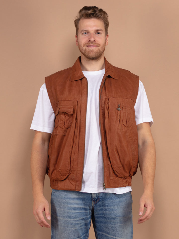 Vintage 80's Men Leather Zip Up Vest in Brown - NorthernGrip