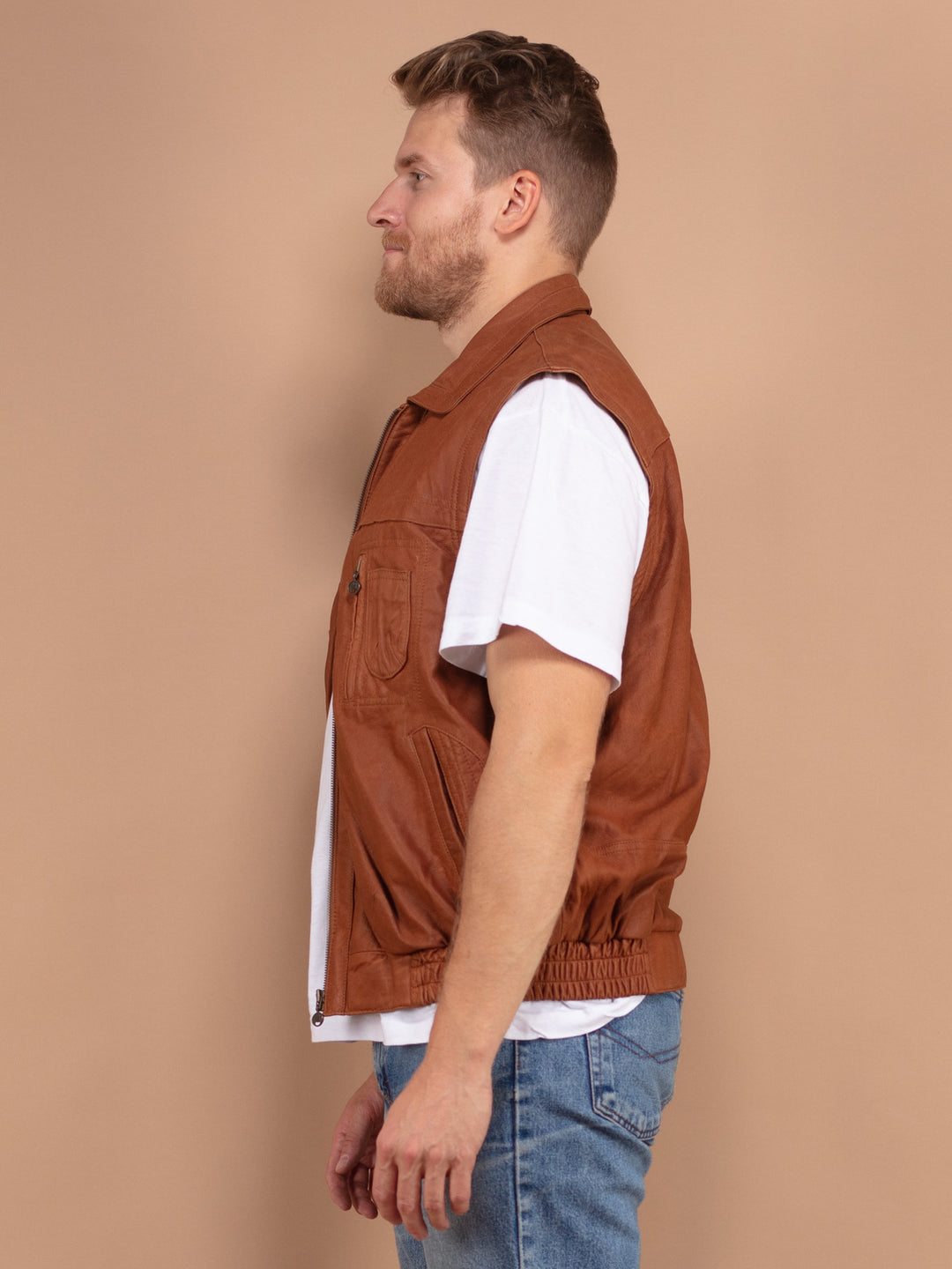 Vintage 80's Men Leather Zip Up Vest in Brown - NorthernGrip