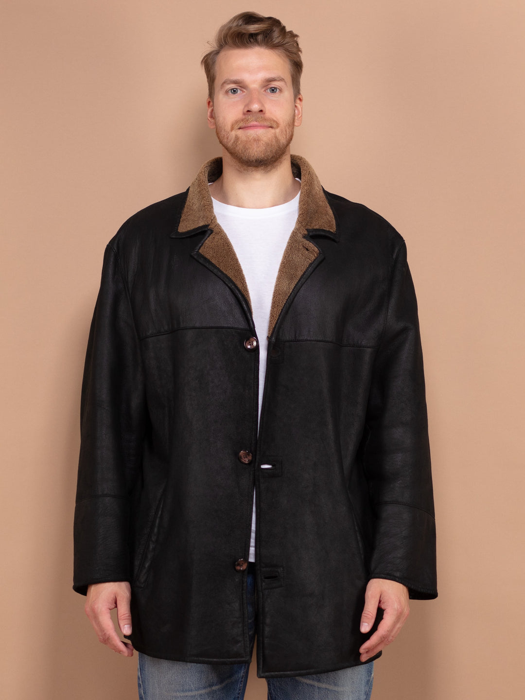 Vintage 80's Men Sheepskin Leather Coat in Black - NorthernGrip