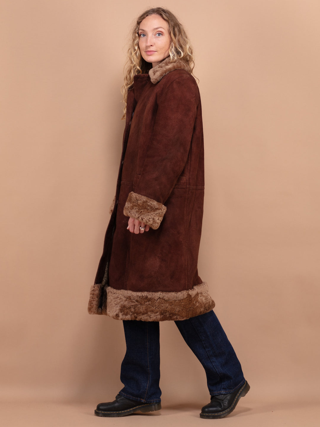 Vintage 70's Women Sheepskin Long Coat in Brown - NorthernGrip