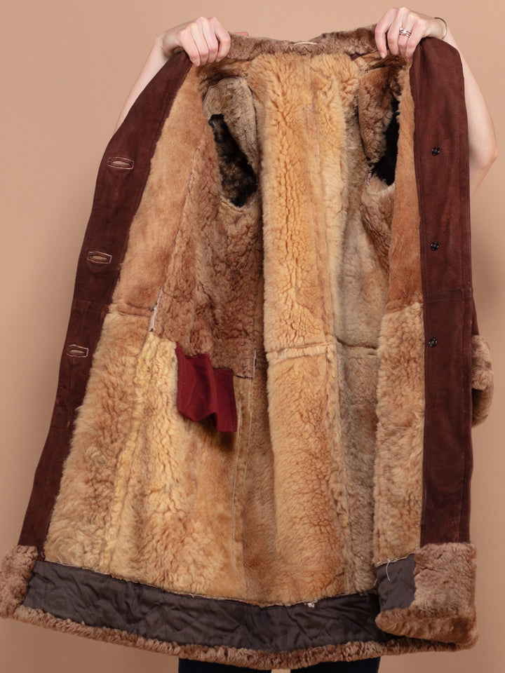 Vintage 70's Women Sheepskin Long Coat in Brown - NorthernGrip