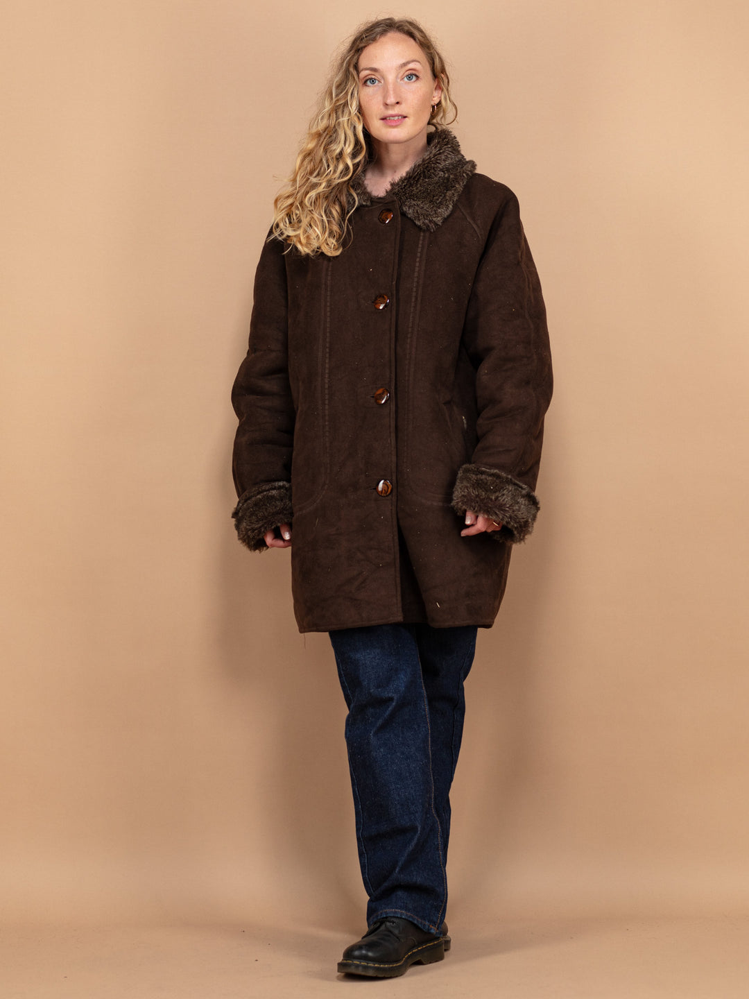 Vintage 90's Faux Sheepskin Coat in Brown - NorthernGrip