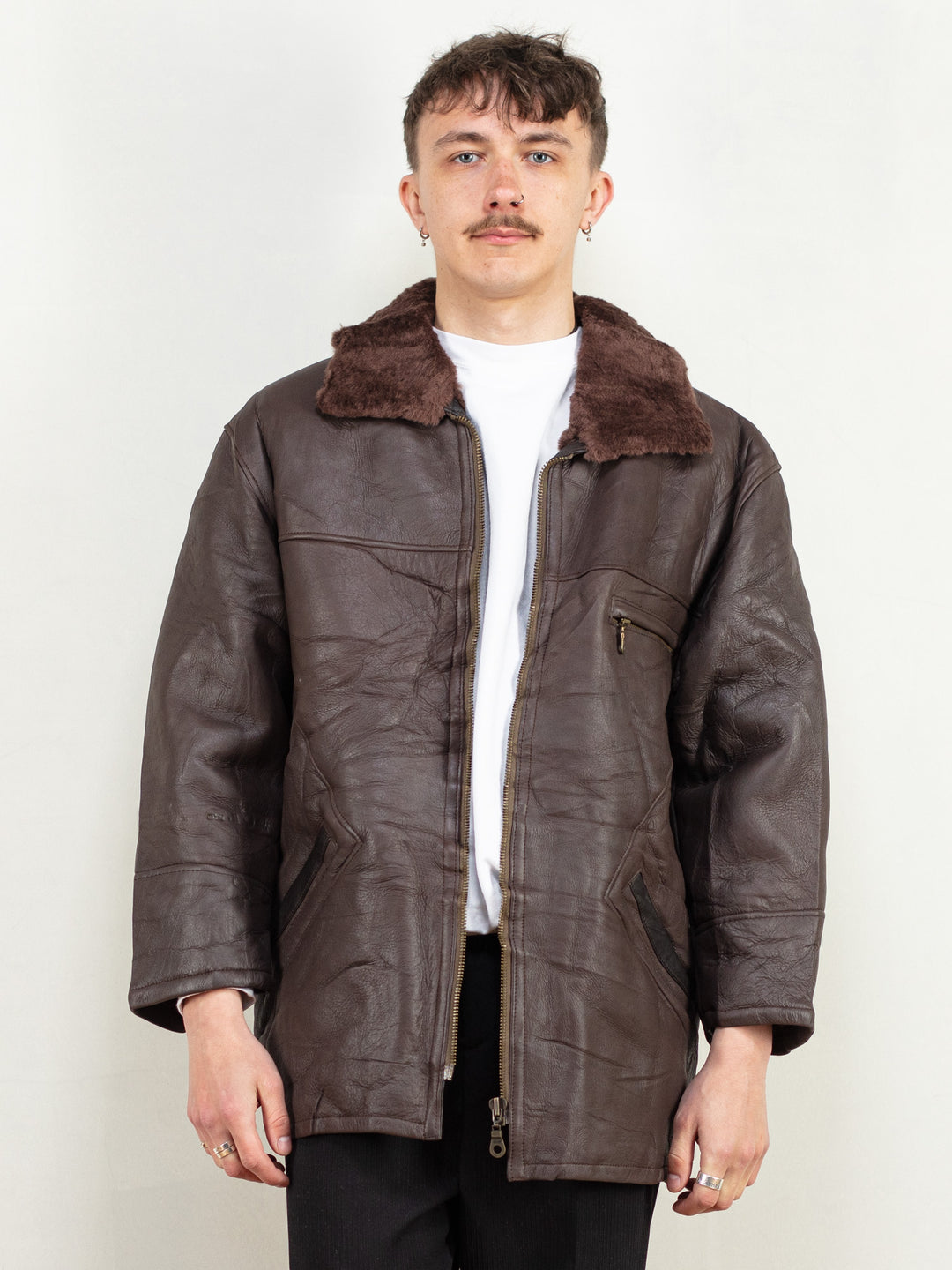 Vintage 90's Men Sheepskin Leather Coat in Brown - NorthernGrip