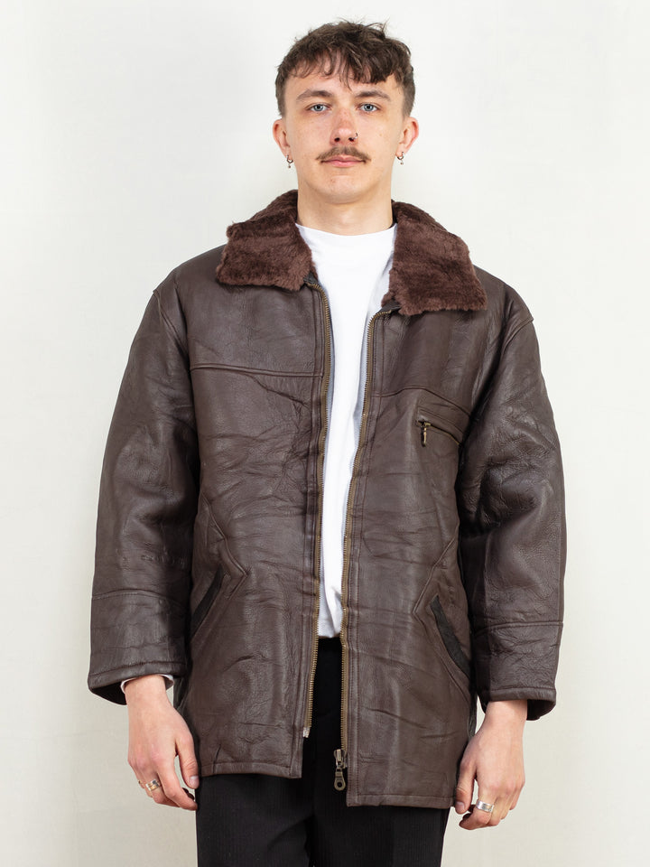 Vintage 90's Men Sheepskin Leather Coat in Brown - NorthernGrip