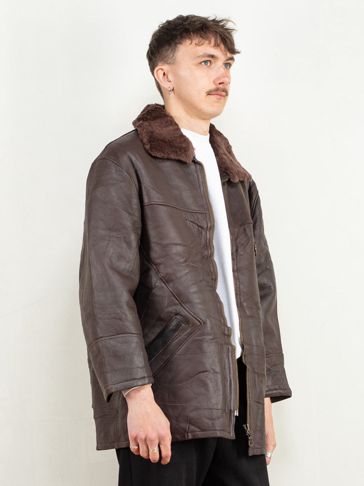 Vintage 90's Men Sheepskin Leather Coat in Brown - NorthernGrip