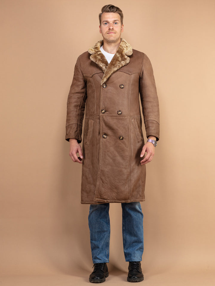 Vintage 70's Men Sheepskin Leather Long Coat in Brown - NorthernGrip