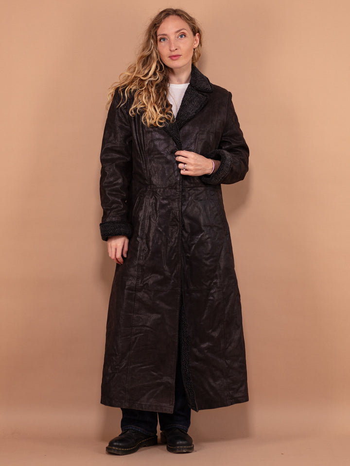 Vintage 90's Women Leather Sherpa Maxi Coat in Brown - NorthernGrip