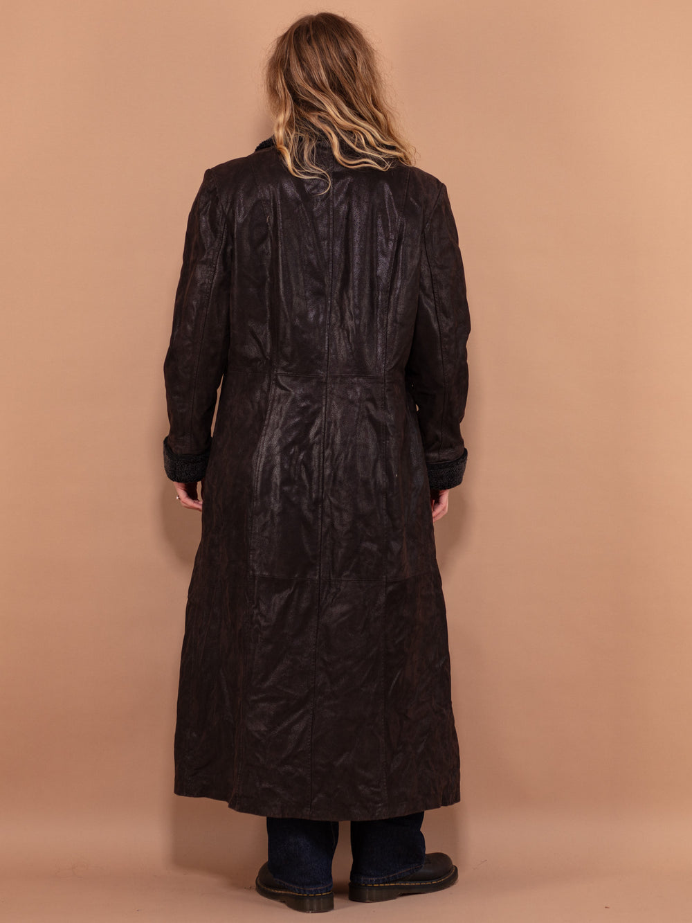 Vintage 90's Women Leather Sherpa Maxi Coat in Brown - NorthernGrip