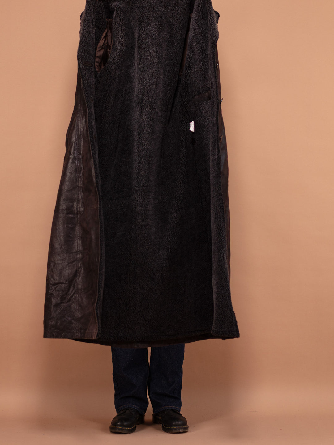 Vintage 90's Women Leather Sherpa Maxi Coat in Brown - NorthernGrip