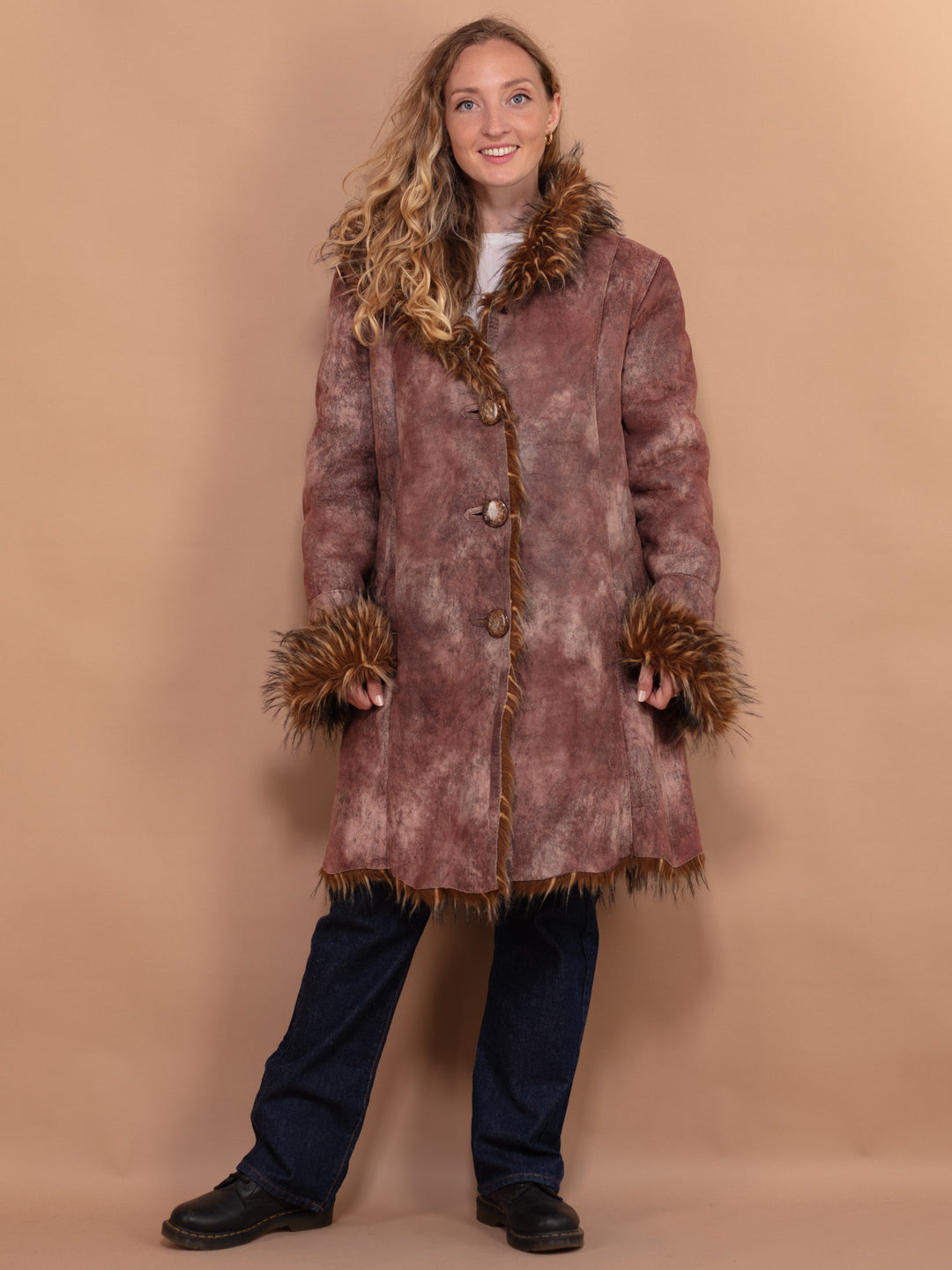 Vintage 90's Women Faux Sheepskin Coat in Brown - NorthernGrip