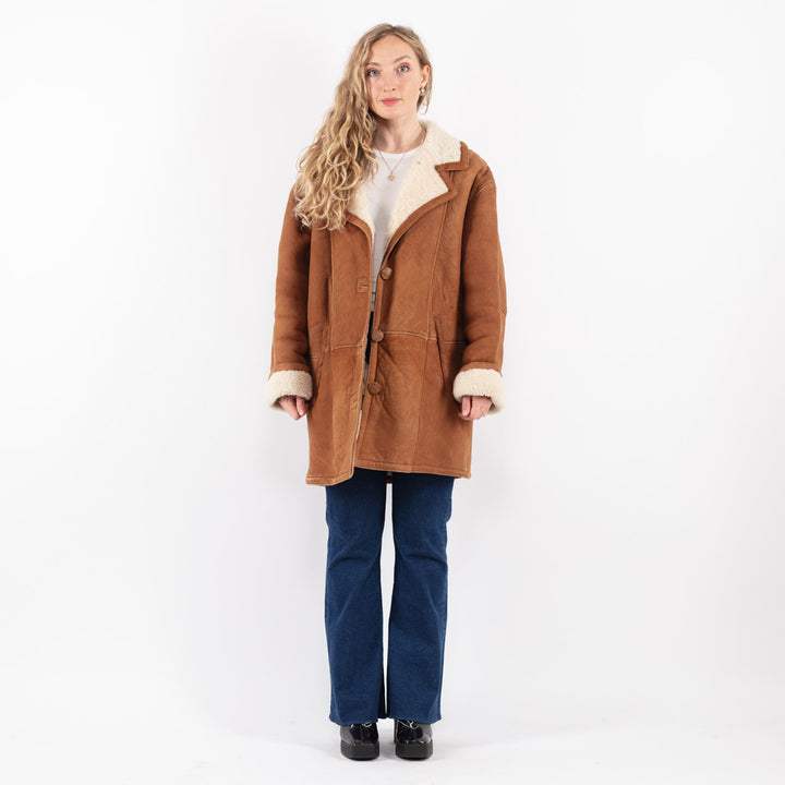 Vintage 80's Women Sheepskin Shearling Coat in Brown
