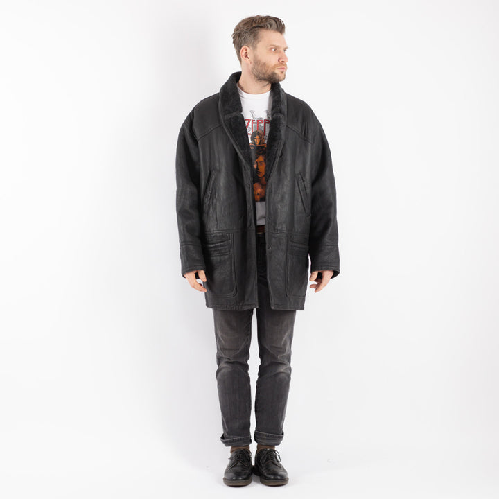 Vintage 80's Men Sheepskin Shearling Coat in Black - NorthernGrip