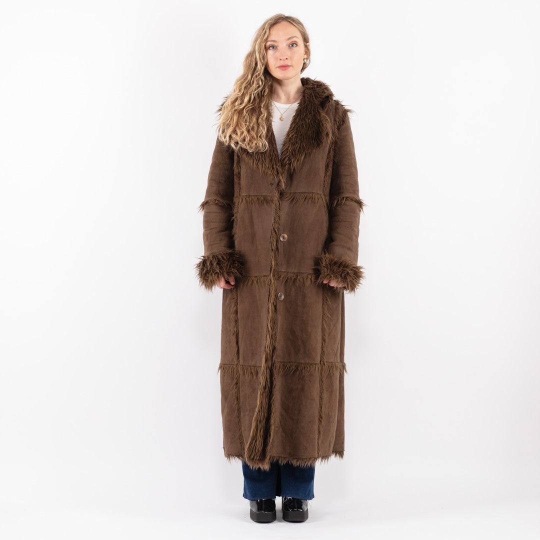 Vintage 90's Women Faux Sheepskin Coat in Brown
