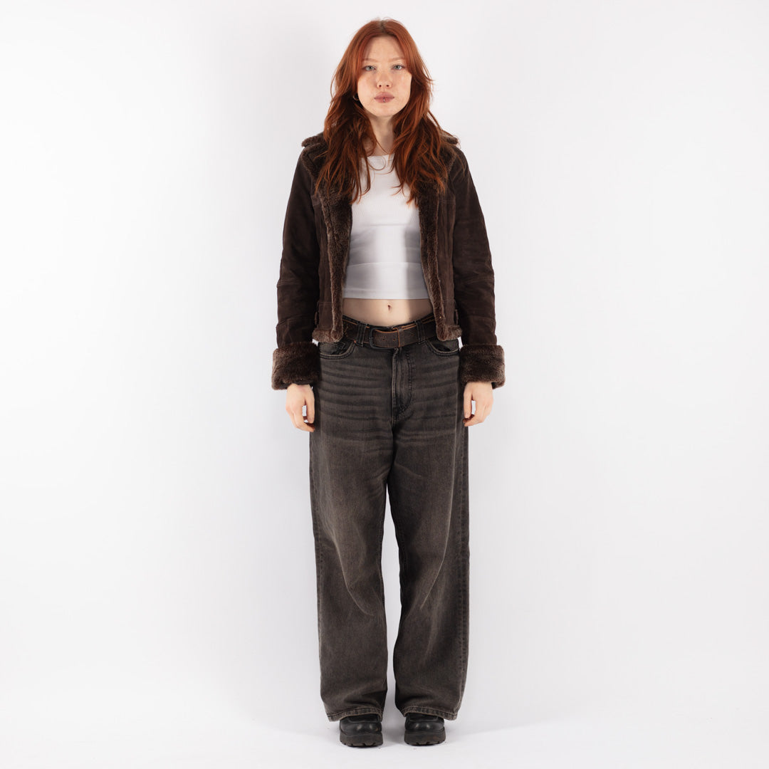 Vintage 90's Women Suede Sherpa Jacket in Brown