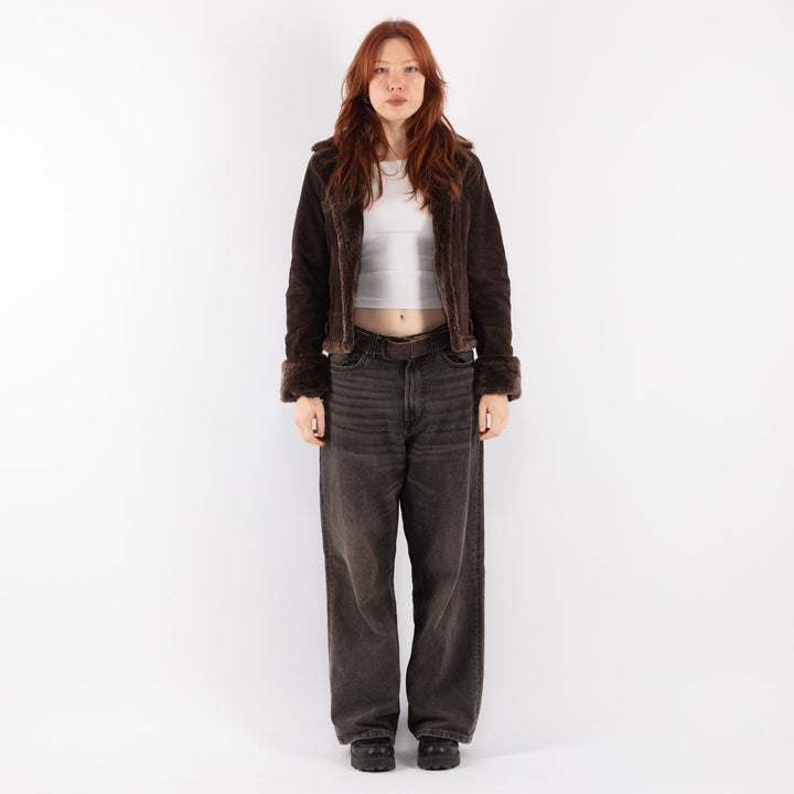 Vintage 90's Women Suede Sherpa Jacket in Brown