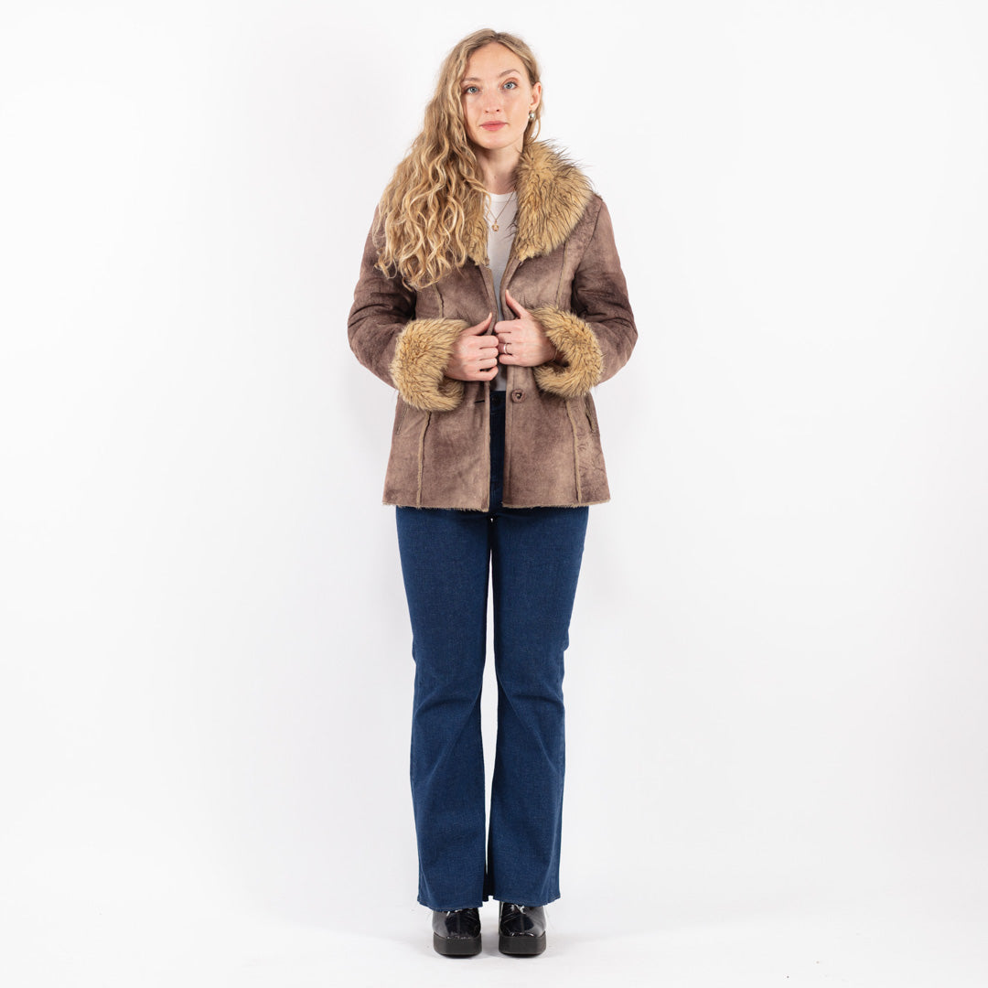 Vintage 90's Women Faux Sheepskin Jacket in Brown