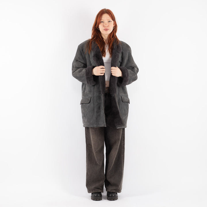 Vintage 80's Women Sheepskin Shearling Coat in Gray
