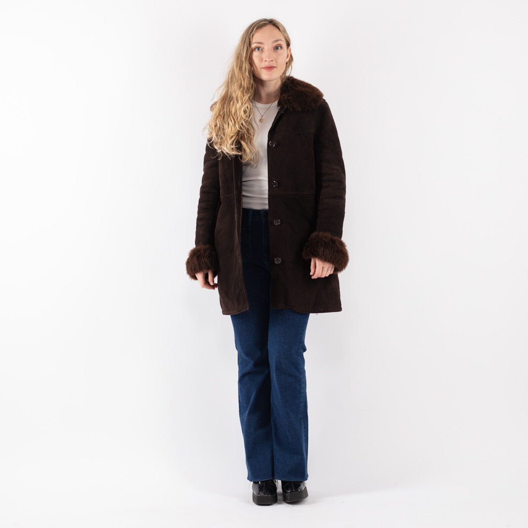 Vintage 70's Women Sheepskin Shearling Coat in Brown