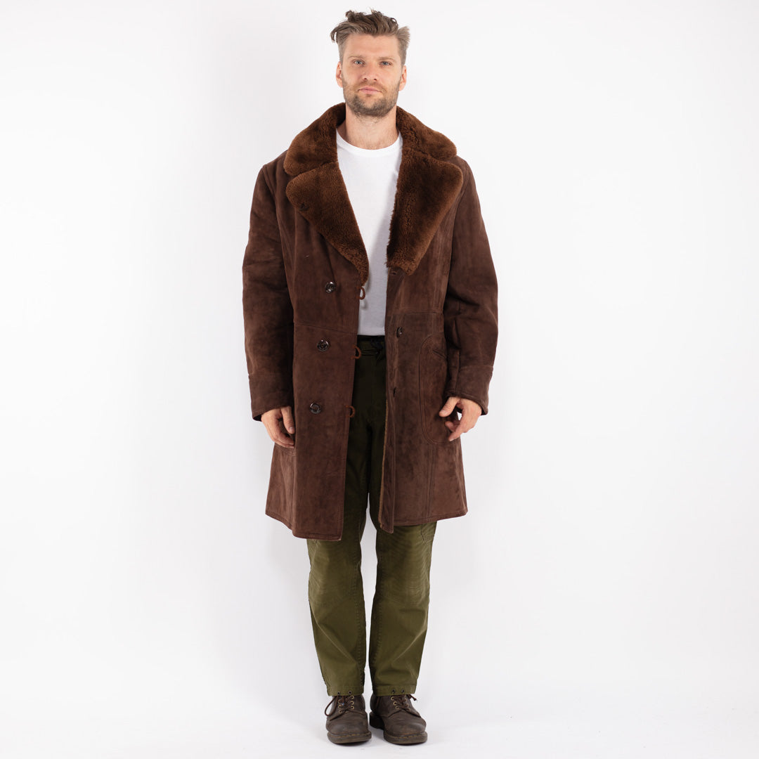 Vintage 70's Men Sheepskin Shearling Coat in Brown