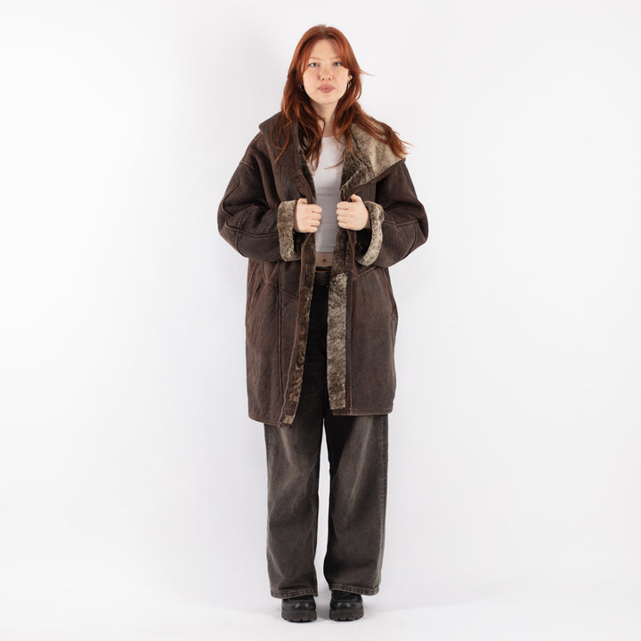 Vintage 90's Women Sheepskin Shearling Coat in Brown