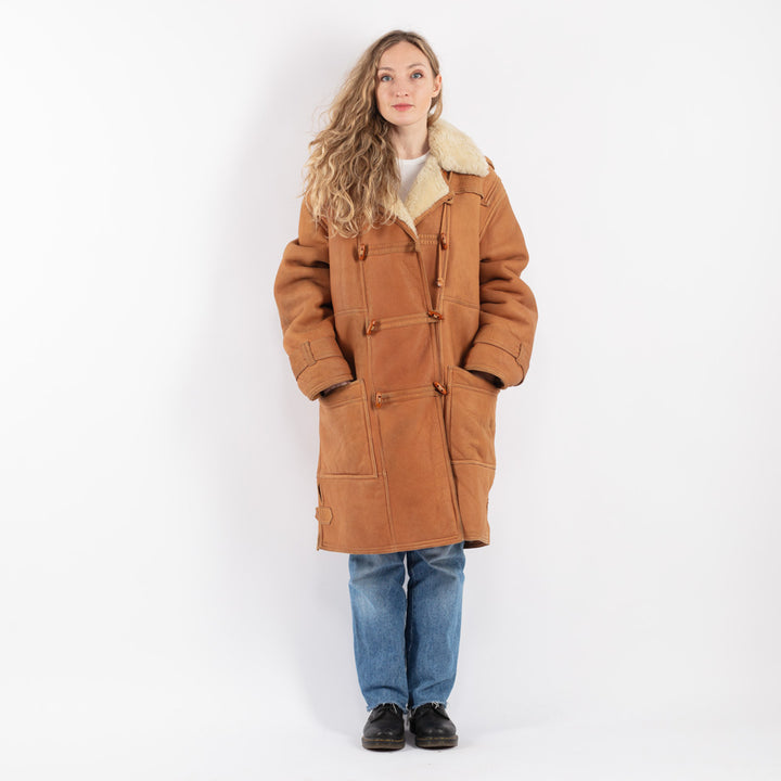 Vintage 80's Women Sheepskin Shearling Coat in Brown