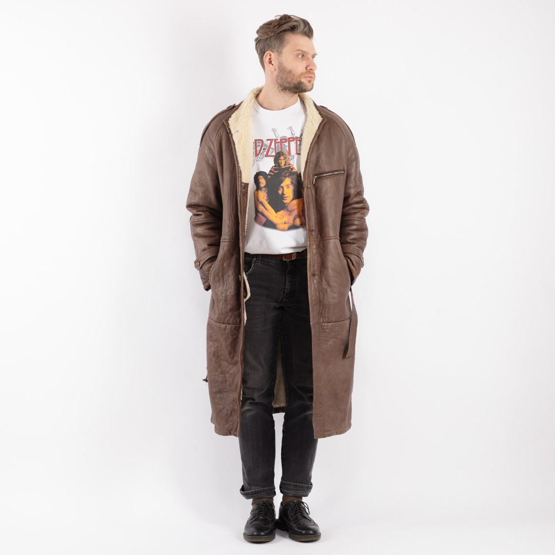 Vintage 70's Men Belted Sheepskin Long Coat in Brown - NorthernGrip