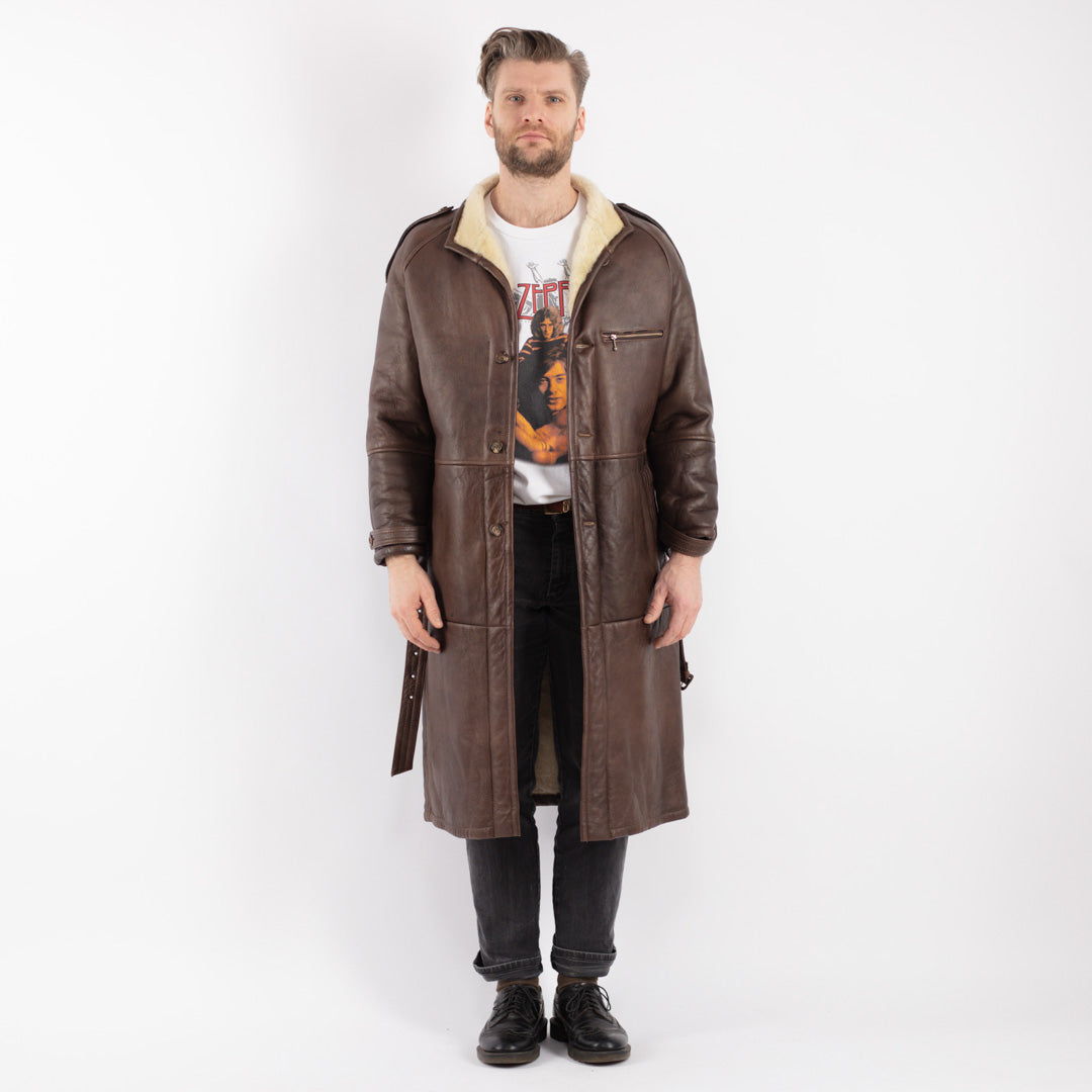 Vintage 70's Men Belted Sheepskin Long Coat in Brown - NorthernGrip