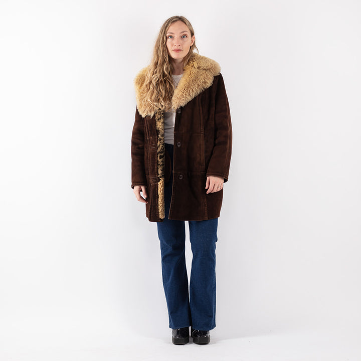 Vintage 70's Women Sheepskin Shearling Coat in Brown