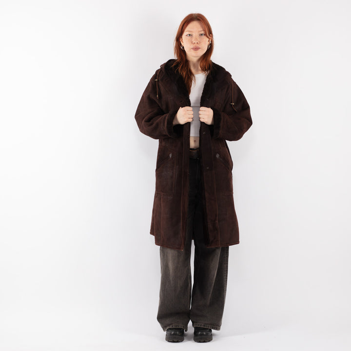 Vintage 70's Women Hooded Sheepskin Coat in Brown - NorthernGrip