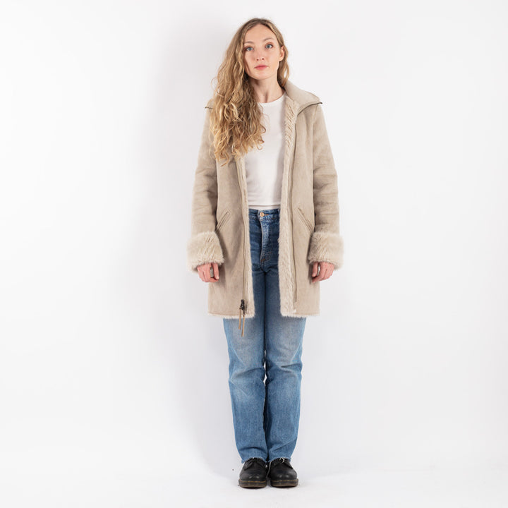 Vintage 00's Women Faux Sheepskin Coat in Beige