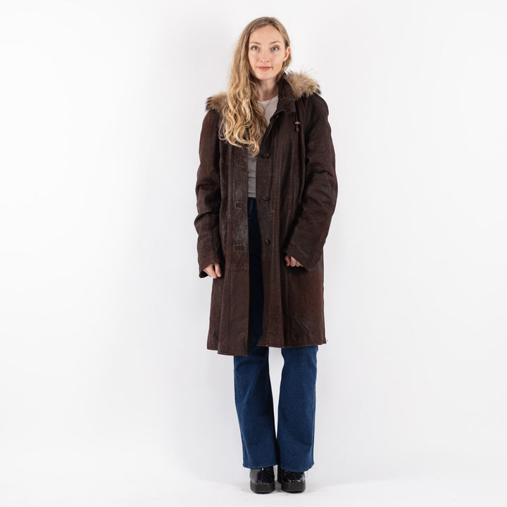 Vintage 90's Women Hooded Leather Coat in Brown - NorthernGrip