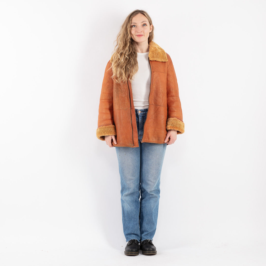 Vintage 90's Women Sheepskin Coat in Orange
