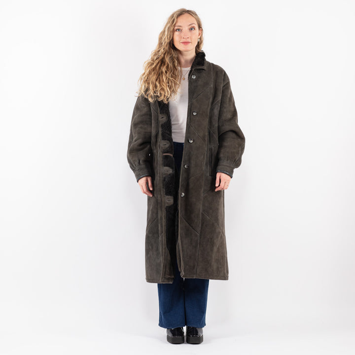 Vintage 80's Women Sheepskin Shearling Coat in Gray